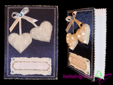 Арт. 037 Открытка складная с вкладышем.  Размер:10 х 14см.  Материалы: тканевая основа, аппликация, декоративные элементы, лента атласная, стразы акриловые, краски для ткани акриловые.